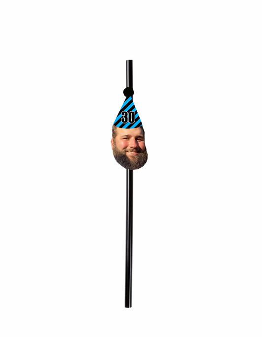 Personalized Black And Blue Striped Party Hat Face Straws