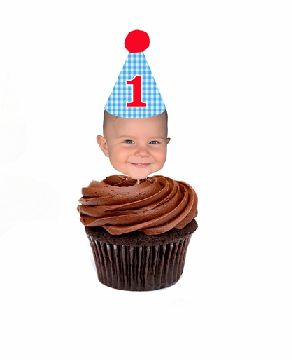 Personalized Blue Gingham Birthday Hat Cupcake Toppers