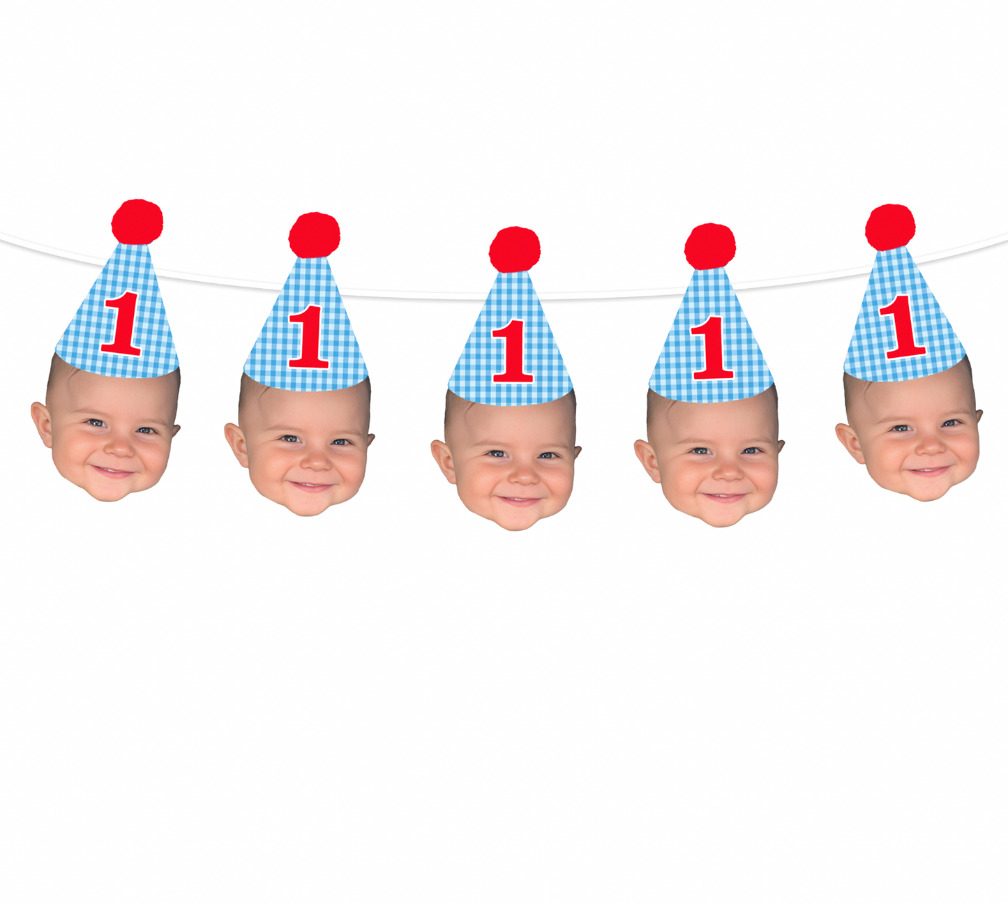 Personalized Blue Gingham Party Hat Face Banner