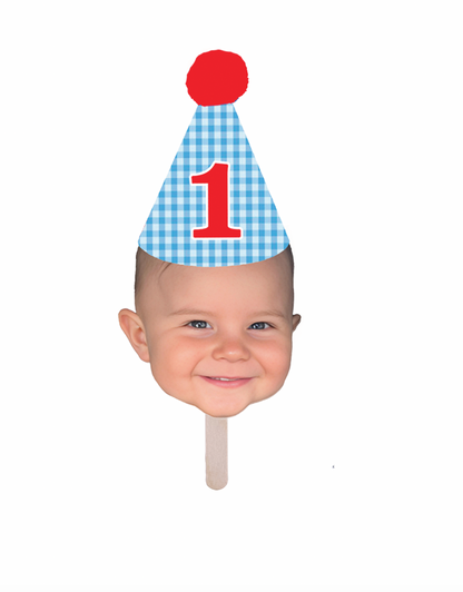 Personalized Blue Gingham Birthday Hat Face Stick