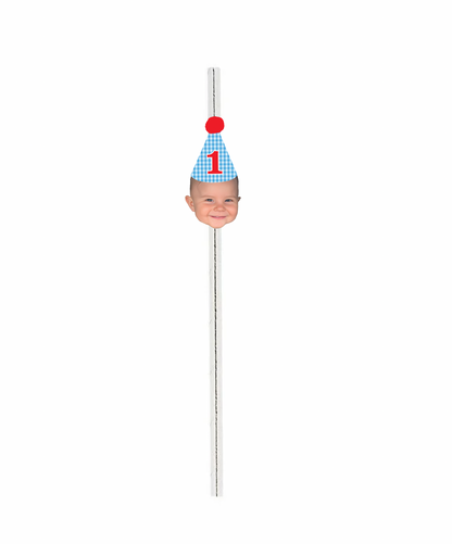 Personalized Blue Gingham Hat Party Hat Face Straws