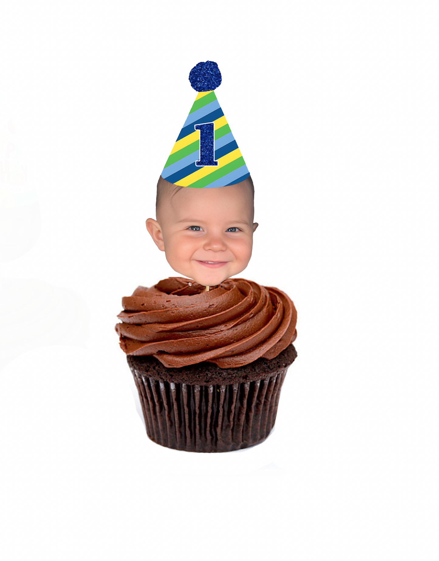 Personalized Blue And Green Stripe Birthday Hat Cupcake Toppers