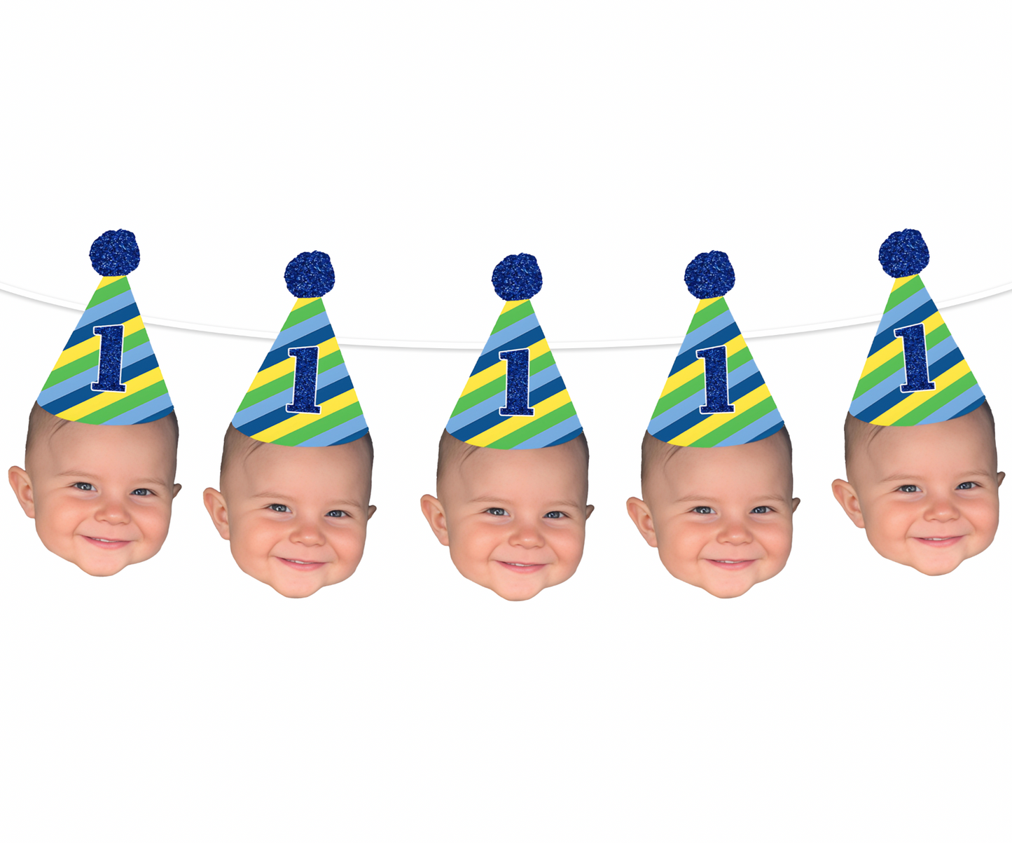 Personalized Blue And Green Stripe Party Hat Face Banner