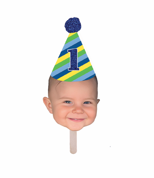 Personalized Blue And Green Striped Birthday Hat Face Stick