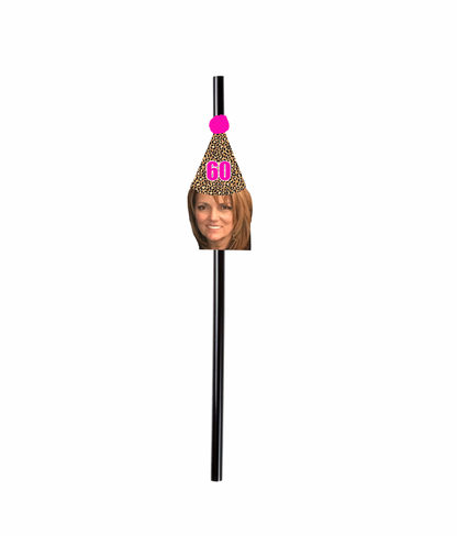 Personalized Pink Cheetah Party Hat Face Straws