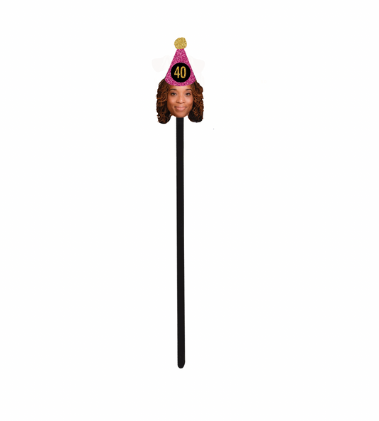 Personalized Hot Pink And Gold Party Hat Face Swizzle Stir Sticks