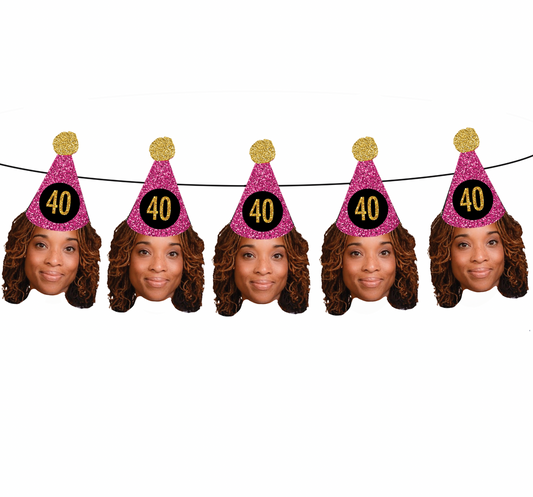 Personalized Hot Pink And Gold Party Hat Face Banner