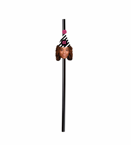 Personalized Hot Pink Striped Party Hat Face Straws