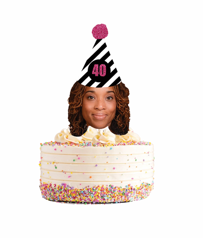 Personalized Hot Pink Stripe Party Hat Face Cake Topper