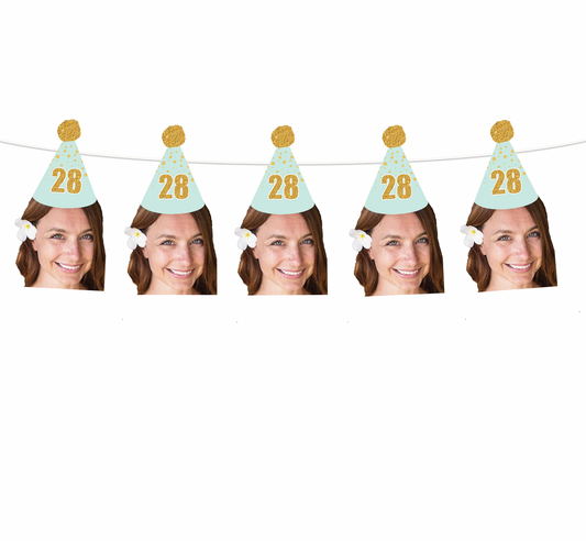 Personalized Mint And Gold Party Hat Face Banner