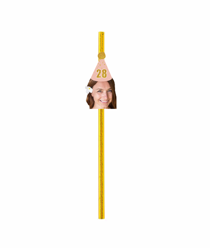 Personalized Pink And Gold Party Hat Face Straws