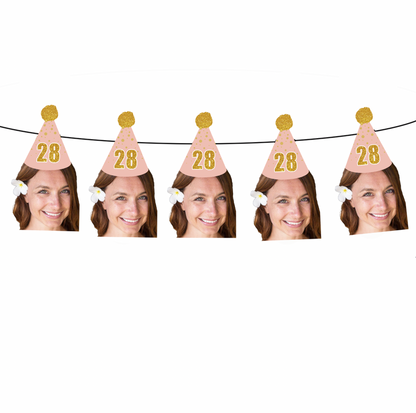 Personalized Pink And Gold Party Hat Face Banner