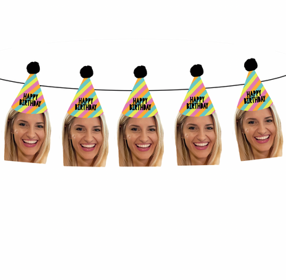 Personalized Pink Rainbow Birthday Party Hat Face Banner