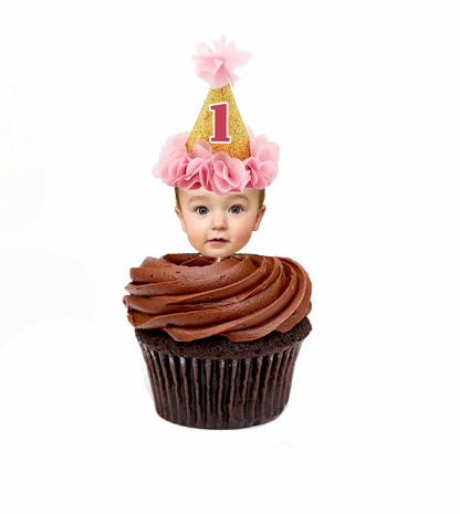 Personalized Pink Ruffle Birthday Hat Cupcake Toppers