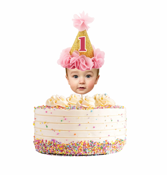 Personalized Pink Ruffle Party Hat Face Cake Topper