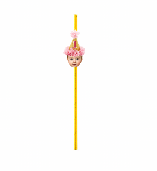 Personalized Pink Ruffle Party Hat Face Straws