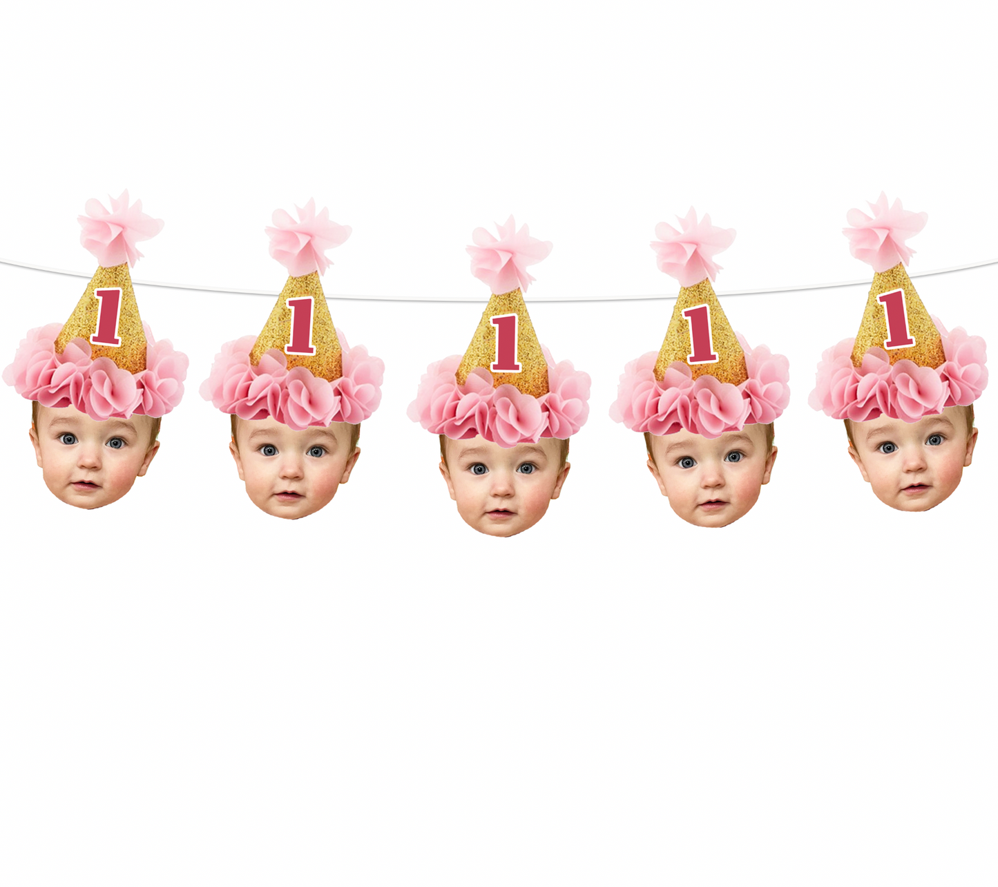 Personalized Pink Ruffle Birthday Party Hat Face Banner