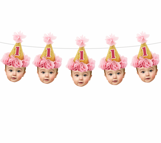 Personalized Pink Ruffle Birthday Party Hat Face Banner