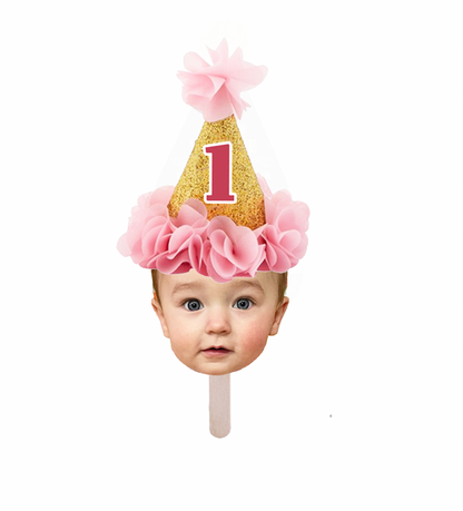 Personalized Pink Ruffle Party Hat Face Stick