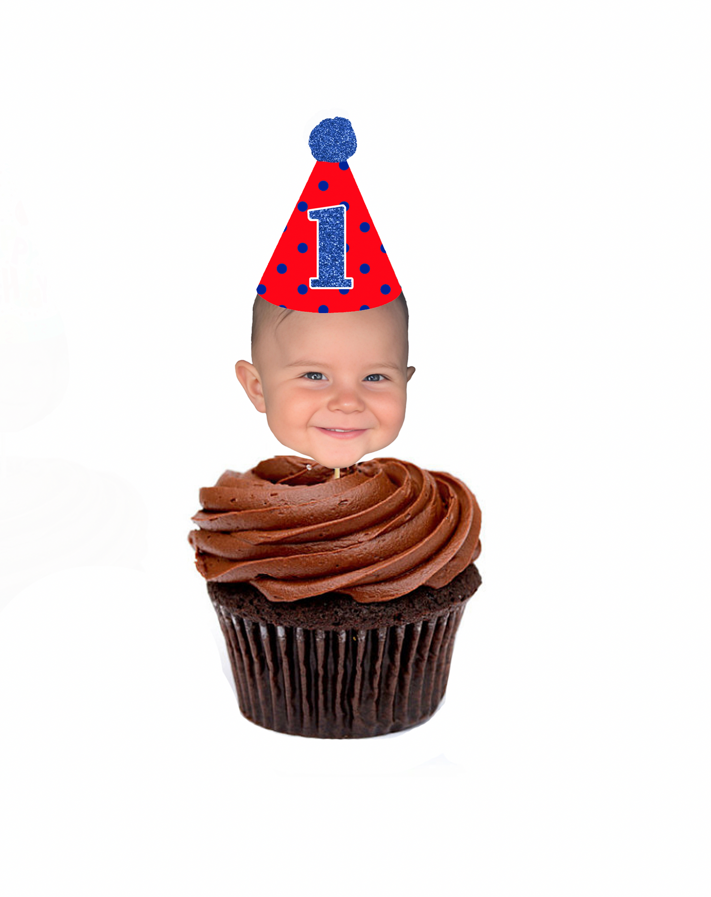 Personalized Red And Blue Polka Dot Birthday Hat Cupcake Toppers