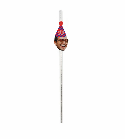 Personalized Red And Blue Striped Party Hat Face Straws