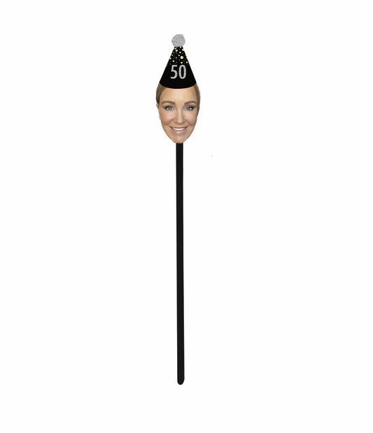 Personalized Black and Silver Party Hat Face Swizzle Stir Sticks