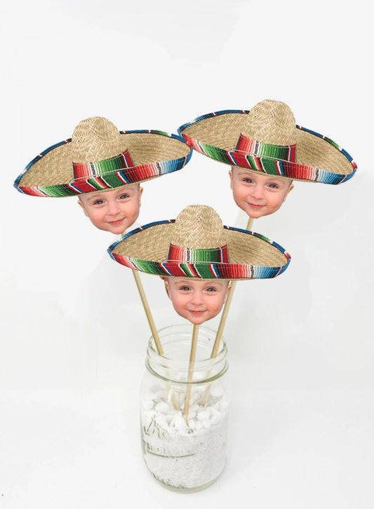 Personalized Face Sombrero Centerpiece Sticks, Sombrero Photo Centerpieces, Sombrero and Fiesta Decorations