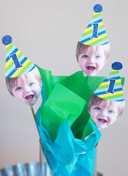 Birthday Face Retirement Centerpiece Sticks, 1st Birthday Photo Centerpieces, 1st Birthday Decorations, Digital File